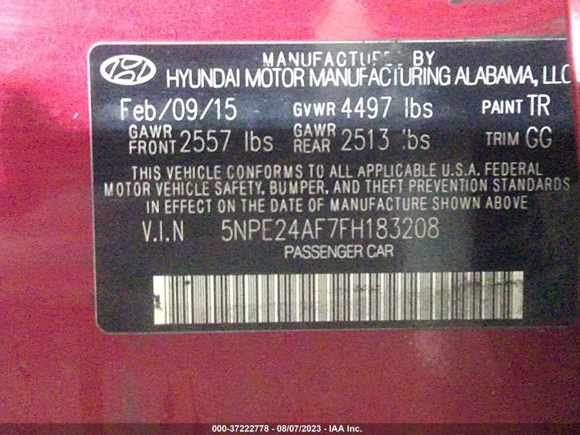 2015 HYUNDAI SONATA 2.4L SE - 5NPE24AF7FH183208