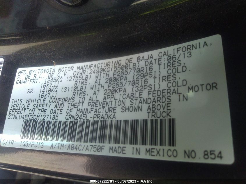 2013 TOYOTA TACOMA - 3TMLU4EN2DM127185