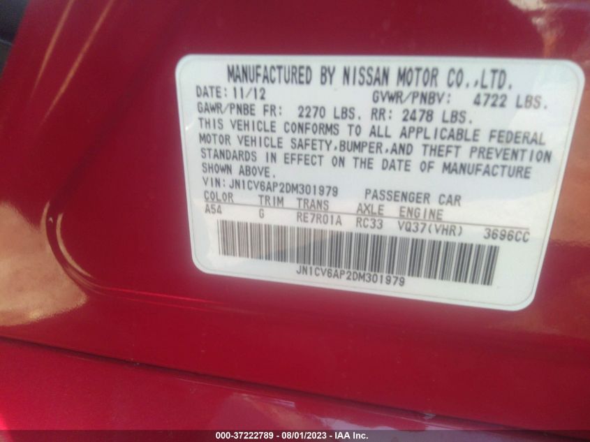 2013 INFINITI G37 SEDAN JOURNEY JN1CV6AP2DM301979
