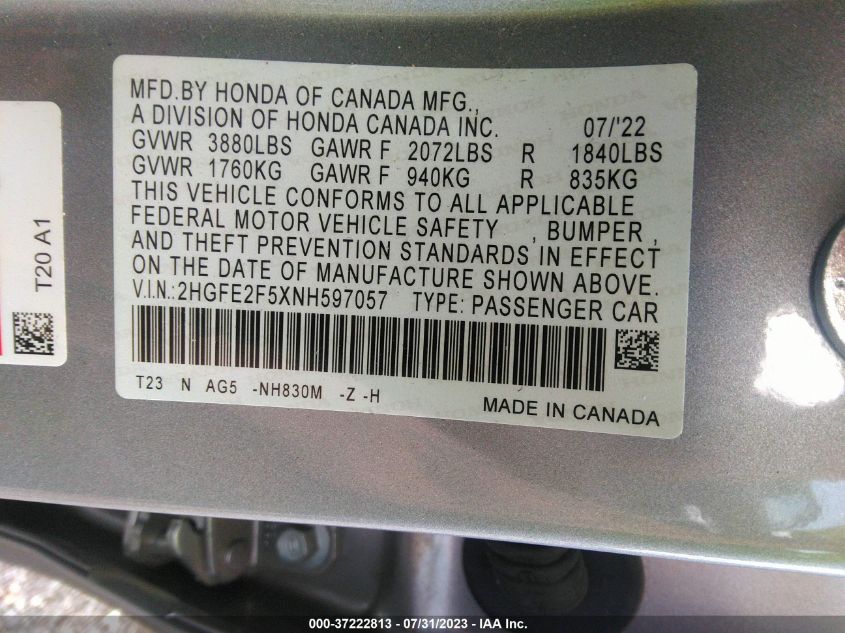 2HGFE2F5XNH597057 Honda Civic Sedan SPORT 9