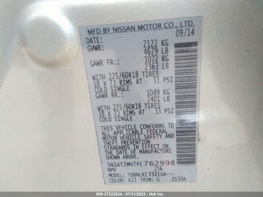 2015 NISSAN ROGUE SL - 5N1AT2MV7FC762998