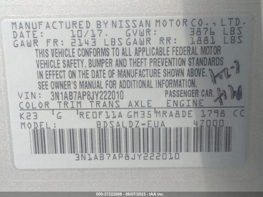 2018 NISSAN SENTRA SV - 3N1AB7AP8JY222010