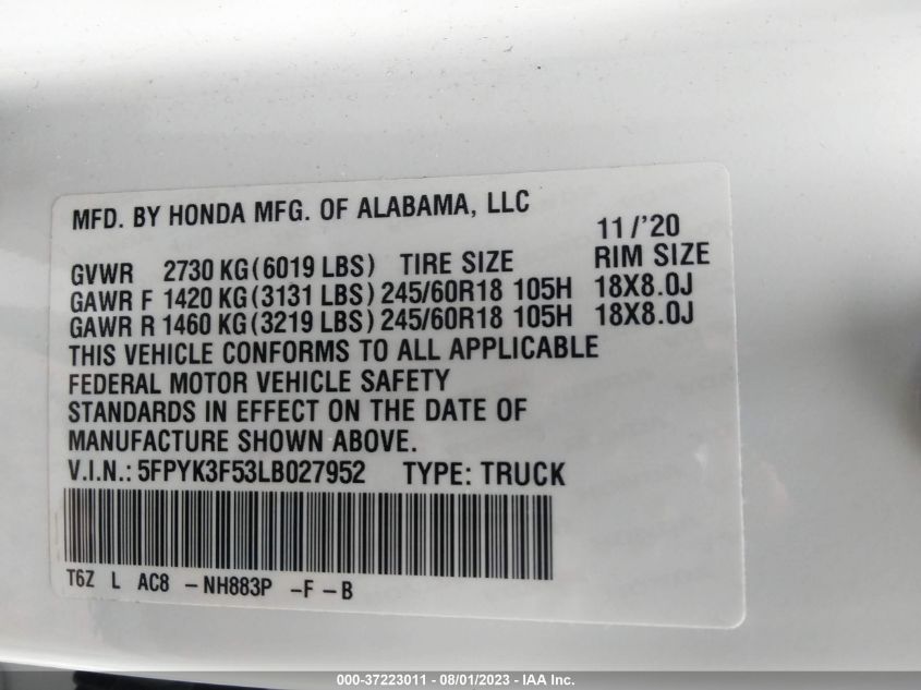 5FPYK3F53LB027952 Honda Ridgeline RTL 9