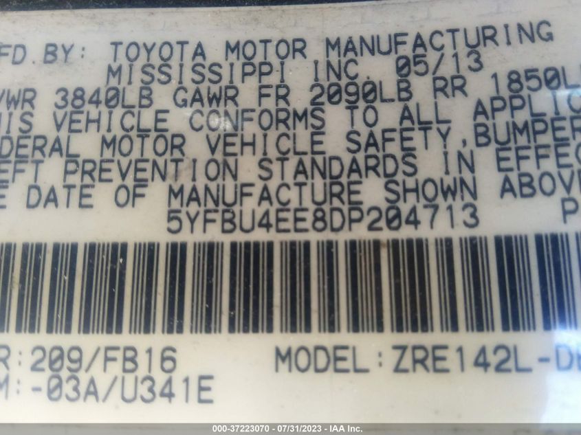 2013 TOYOTA COROLLA L/LE/S - 5YFBU4EE8DP204713