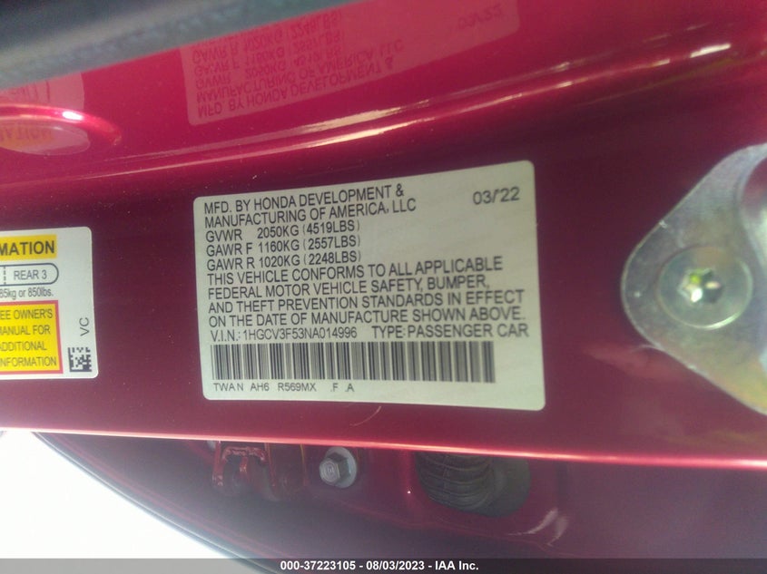 VIN 1HGCV3F53NA014996 2022 HONDA ACCORD HYBRID EX-L