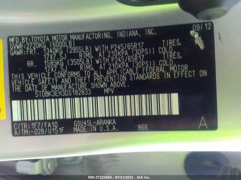 2013 TOYOTA HIGHLANDER PLUS/SE - 5TDBK3EH3DS182833