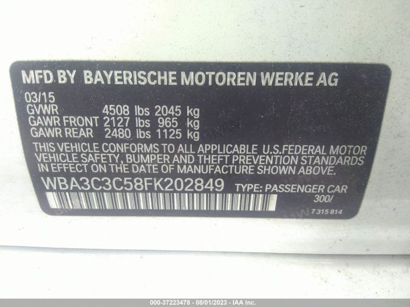 2015 BMW 3 SERIES 320I XDRIVE - WBA3C3C58FK202849