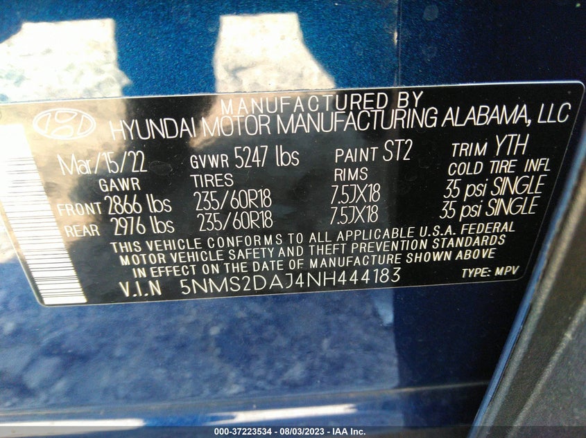 VIN 5NMS2DAJ4NH444183 2022 HYUNDAI SANTA FE SEL
