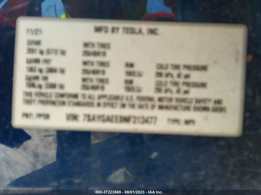 VIN 7SAYGAEE8NF313477 2022 TESLA MODEL Y