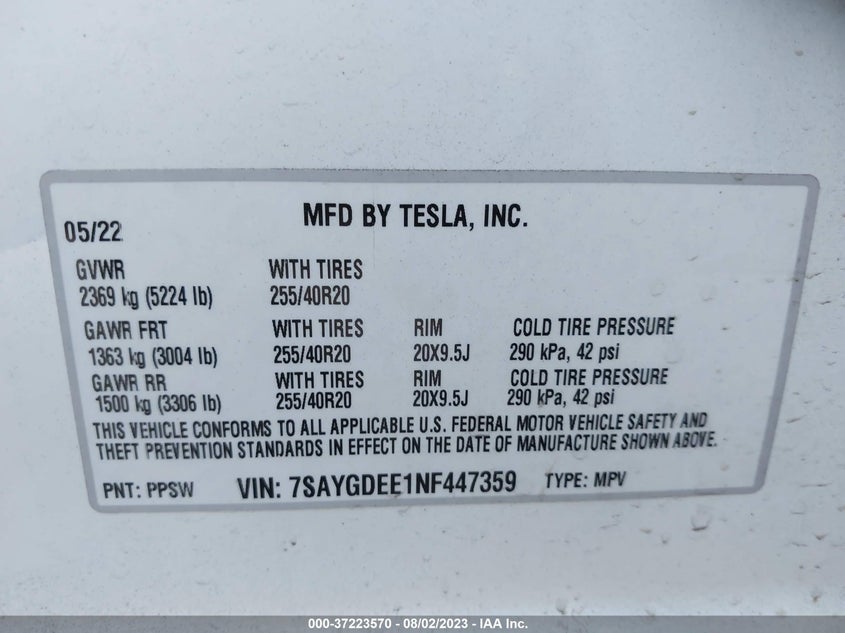 VIN 7SAYGDEE1NF447359 2022 TESLA MODEL Y LONG RANGE