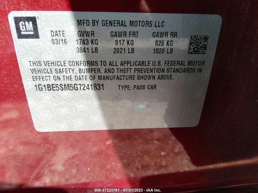2016 CHEVROLET CRUZE LT - 1G1BE5SM5G7241831