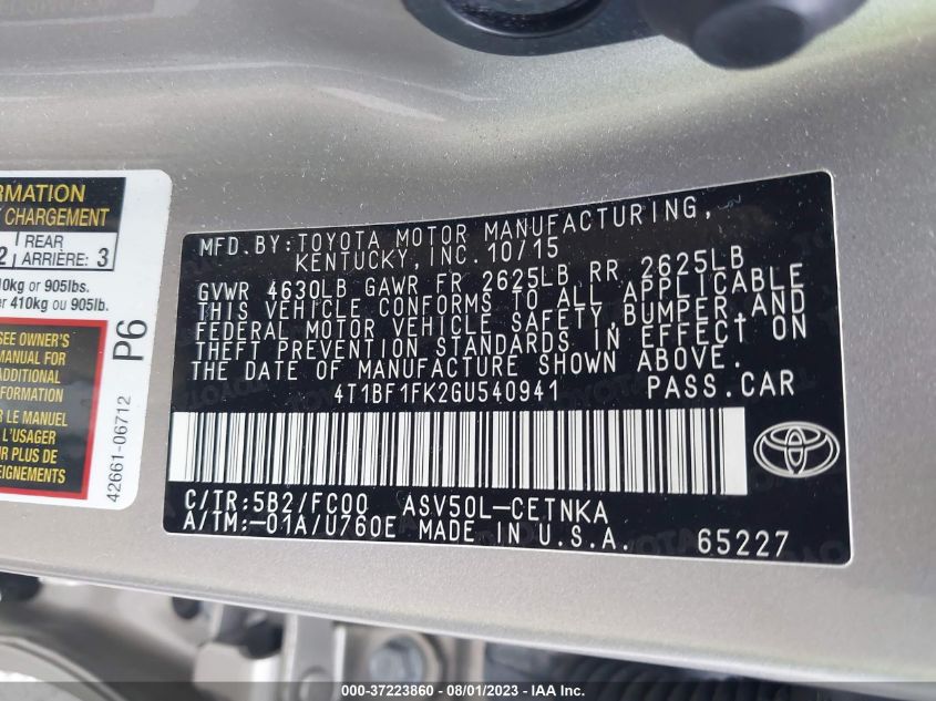 2016 TOYOTA CAMRY LE/XLE/SE/XSE - 4T1BF1FK2GU540941