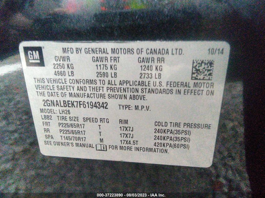 2015 CHEVROLET EQUINOX LT - 2GNALBEK7F6194342