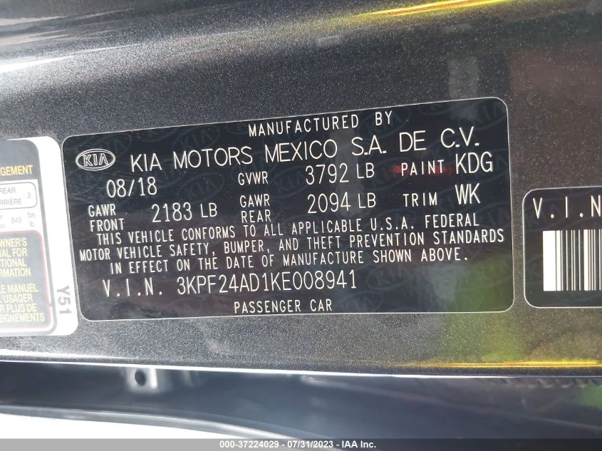 2019 KIA FORTE LXS - 3KPF24AD1KE008941
