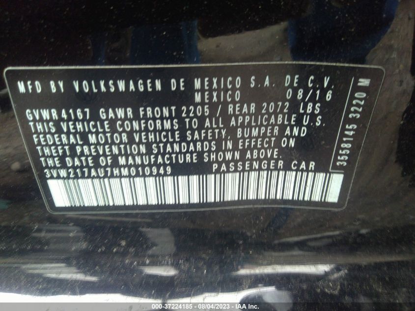 2017 VOLKSWAGEN GOLF S - 3VW217AU7HM010949