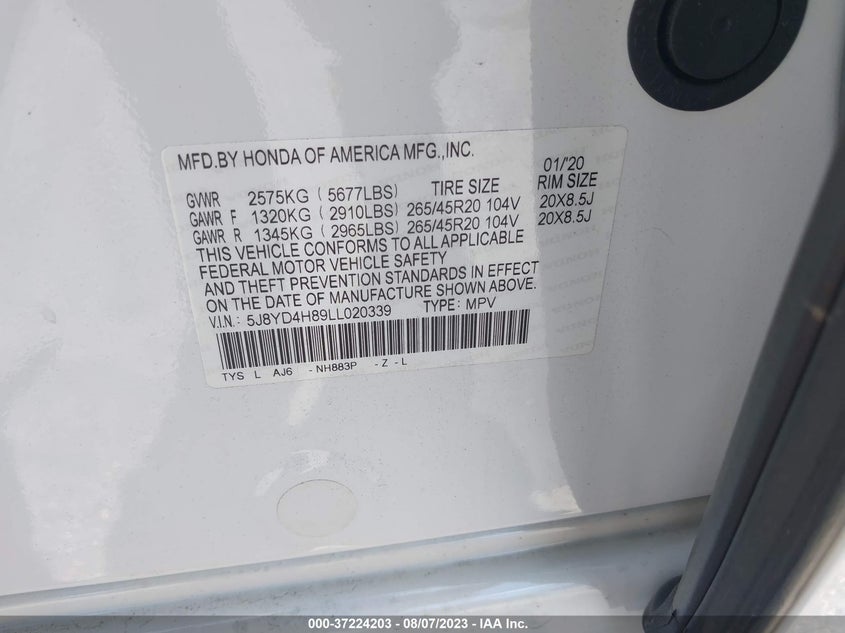 VIN 5J8YD4H89LL020339 2020 ACURA MDX W/ADVANCE PKG