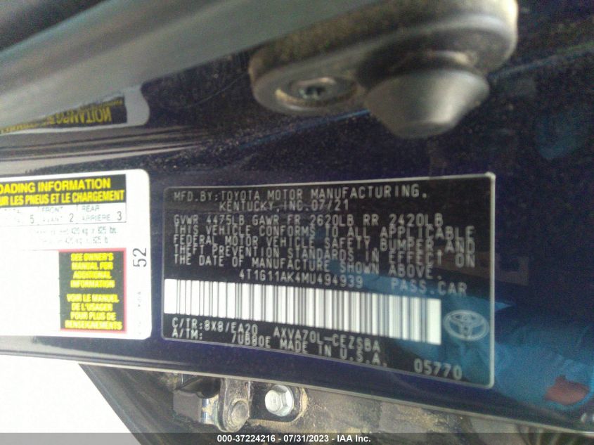 2021 TOYOTA CAMRY SE - 4T1G11AK4MU494939