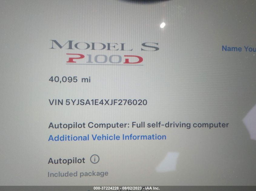 2018 TESLA MODEL S 75D/100D/P100D - 5YJSA1E4XJF276020