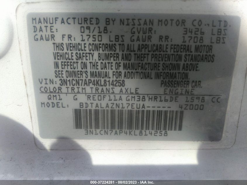 2019 NISSAN VERSA SEDAN S PLUS - 3N1CN7AP4KL814258