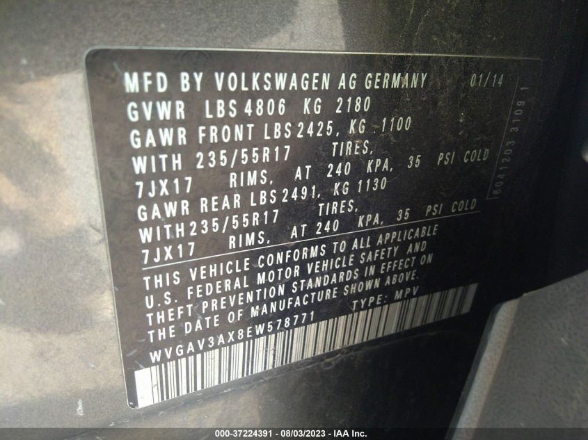 2014 VOLKSWAGEN TIGUAN S/SE/SEL/R-LINE - WVGAV3AX8EW578771