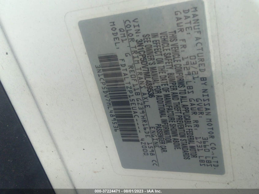 VIN 3N1CP5DV7ML489536 2021 NISSAN KICKS SR