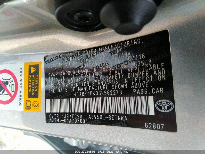 2016 TOYOTA CAMRY XLE/SE/LE/XSE - 4T4BF1FK0GR562278