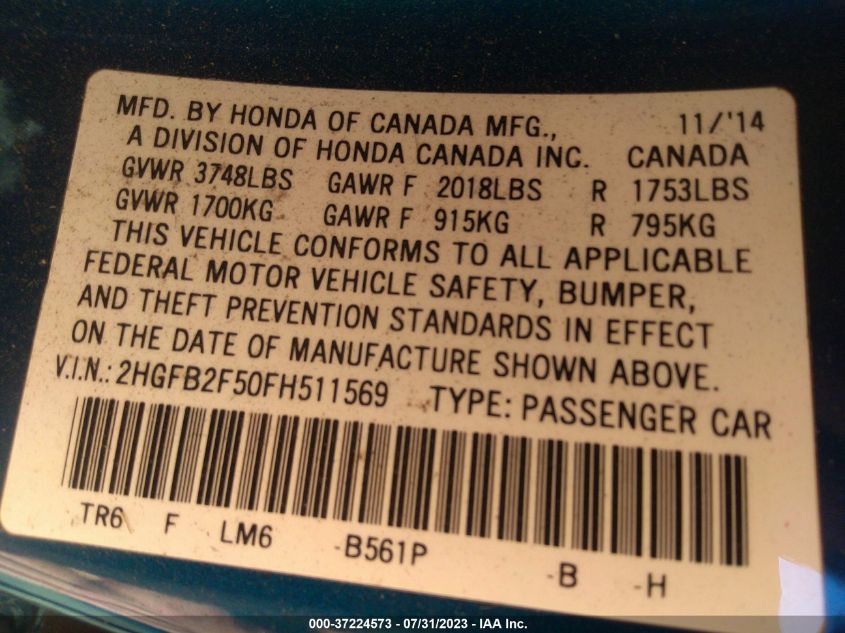 2015 HONDA CIVIC SEDAN LX - 2HGFB2F50FH511569