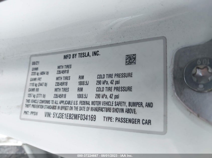 VIN 5YJ3E1EB2MF034169 2021 TESLA MODEL 3