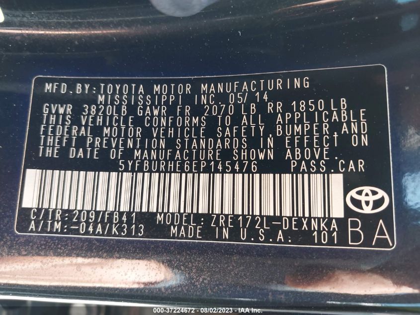 2014 TOYOTA COROLLA L/LE/S/S PLUS/LE PLUS - 5YFBURHE6EP145476