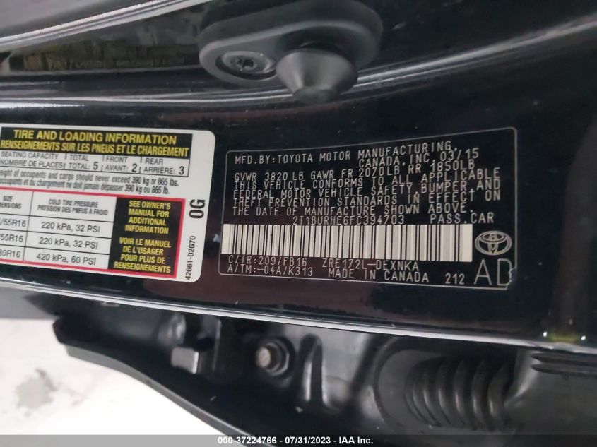 2015 TOYOTA COROLLA L/LE/S/S PLUS/LE PLUS - 2T1BURHE6FC394703