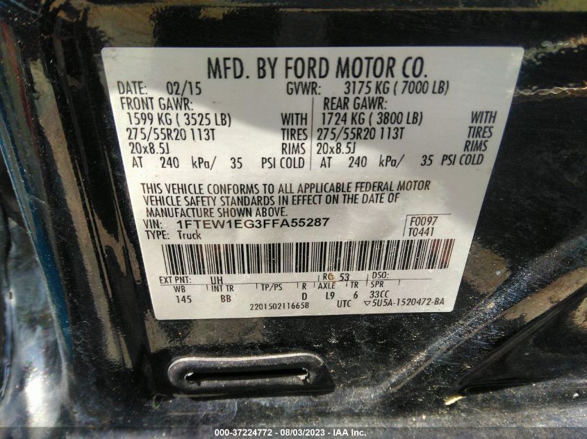 2015 FORD F-150 XLT/XL/LARIAT/PLATINUM - 1FTEW1EG3FFA55287