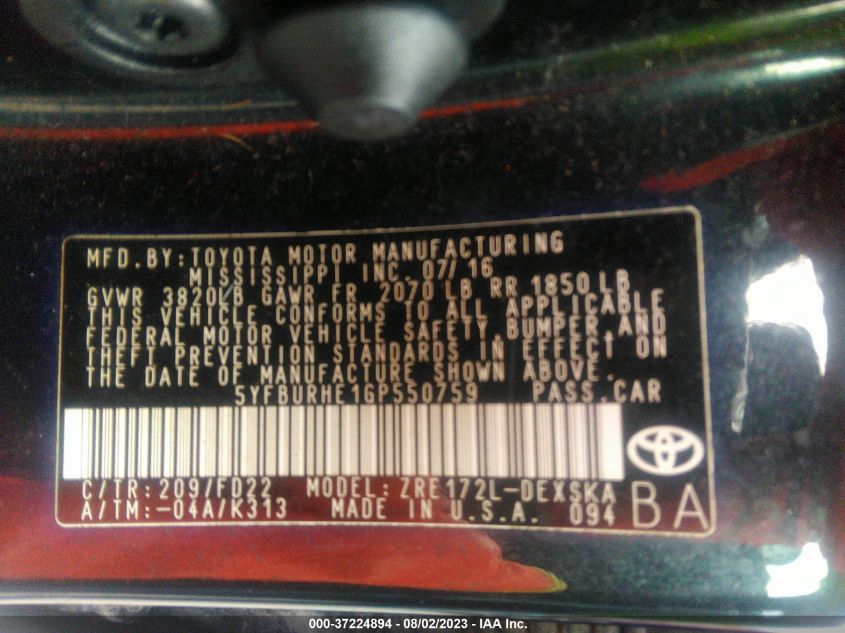 2016 TOYOTA COROLLA L/LE/S/S PLUS/LE PLUS - 5YFBURHE1GP550759