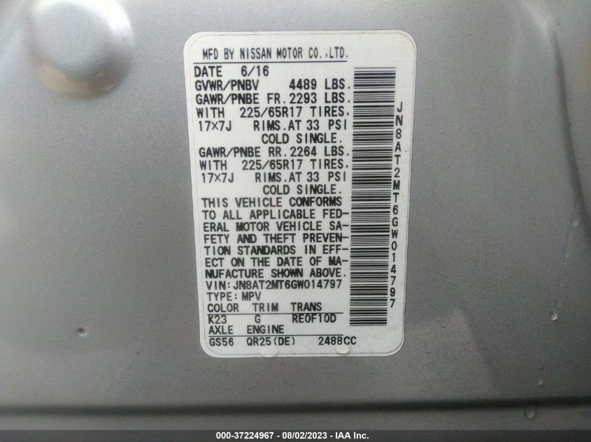 2016 NISSAN ROGUE S/SL/SV - JN8AT2MT6GW014797