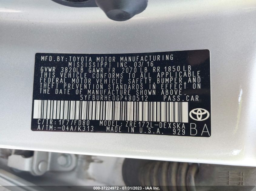 2016 TOYOTA COROLLA S - 5YFBURHE0GP480512