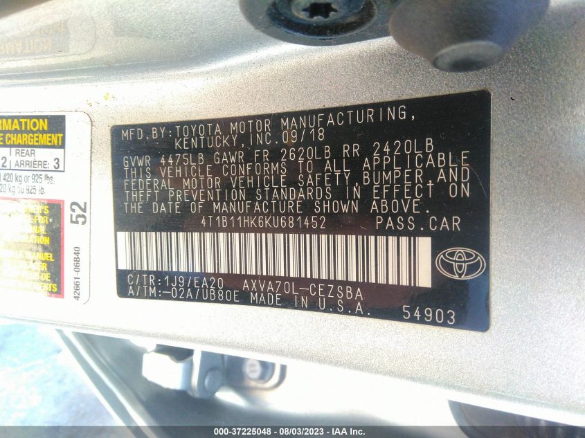 2019 TOYOTA CAMRY LE/SE/XLE/L - 4T1B11HK6KU681452