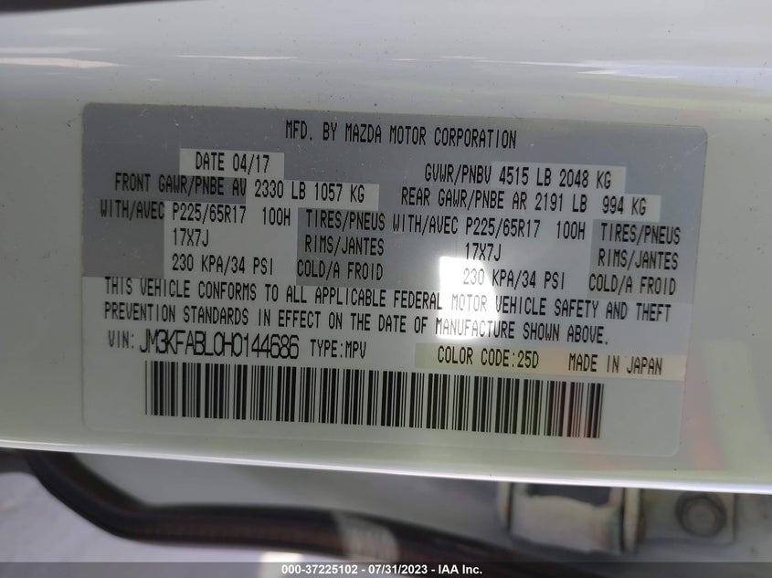 VIN JM3KFABL0H0144686 2017 MAZDA CX-5 SPORT
