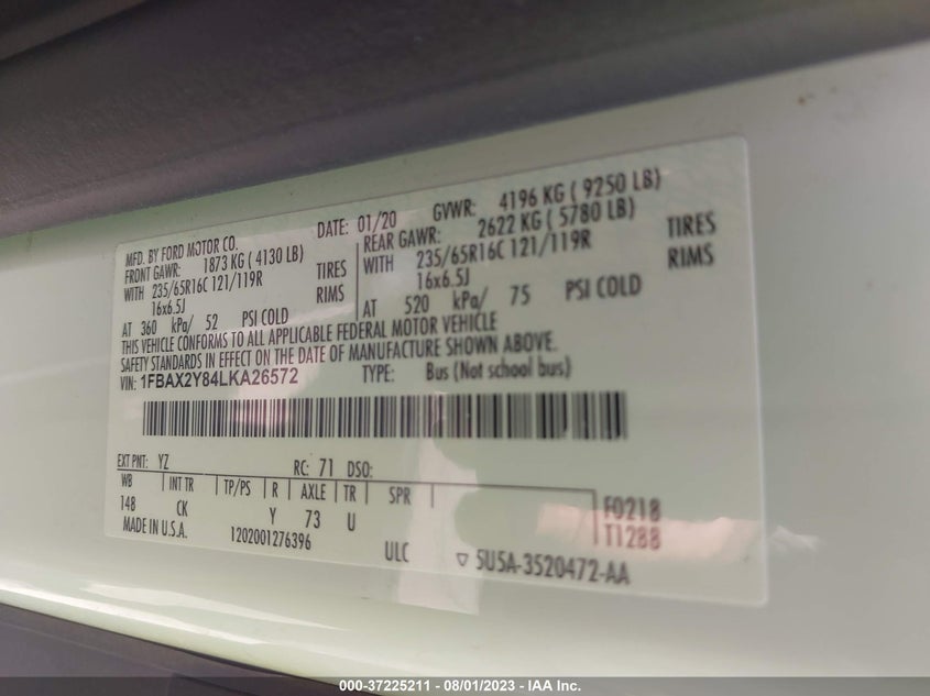 VIN 1FBAX2Y84LKA26572 2020 FORD TRANSIT PASSENGER WAGON XL/XLT