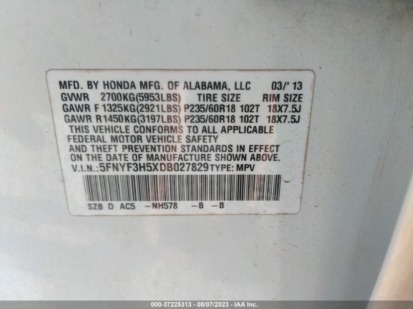 2013 HONDA PILOT EX-L - 5FNYF3H5XDB027829