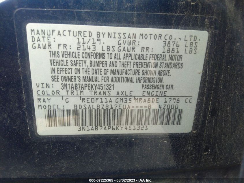 2019 NISSAN SENTRA S/SV/SR/SL - 3N1AB7AP3KY444780