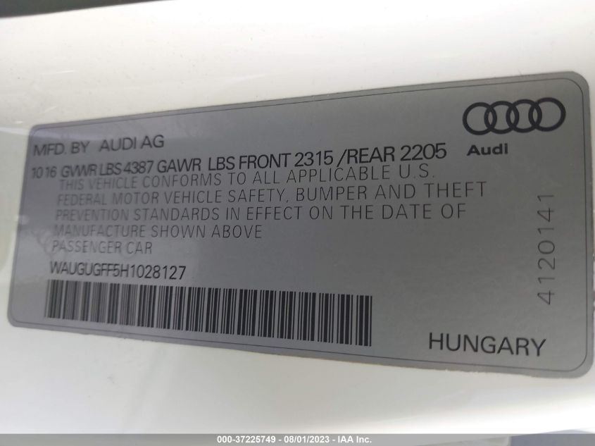 2017 AUDI A3 SEDAN PREMIUM PLUS - WAUGUGFF5H1028127