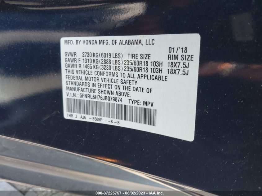 2018 HONDA ODYSSEY EX-L - 5FNRL6H76JB079874
