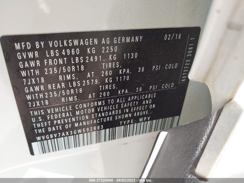 2016 VOLKSWAGEN TIGUAN SE - WVGBV7AX3GW592883