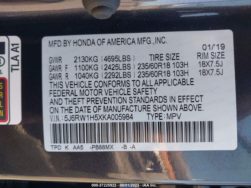 2019 HONDA CR-V EX - 5J6RW1H5XKA005984