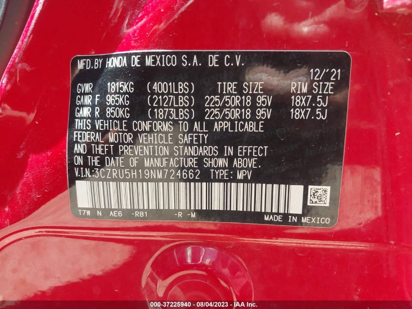 2022 HONDA HR-V SPORT - 3CZRU5H19NM724662