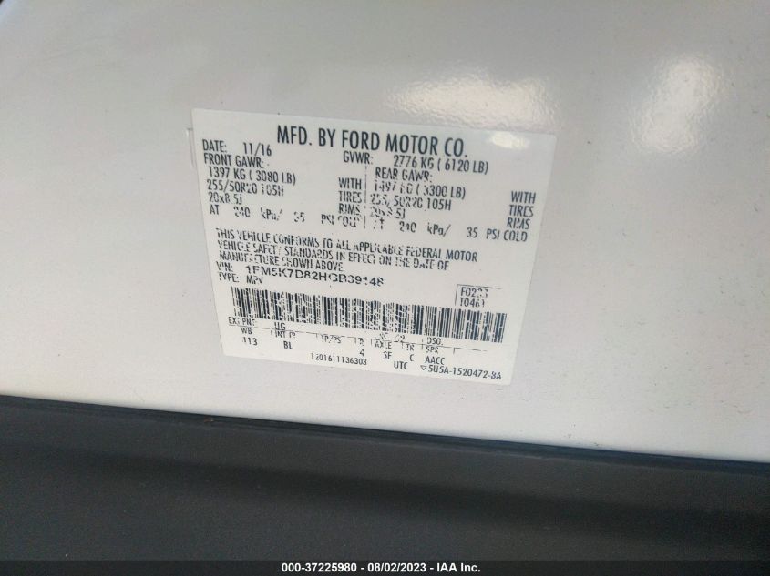 2017 FORD EXPLORER XLT - 1FM5K7D82HGB39148