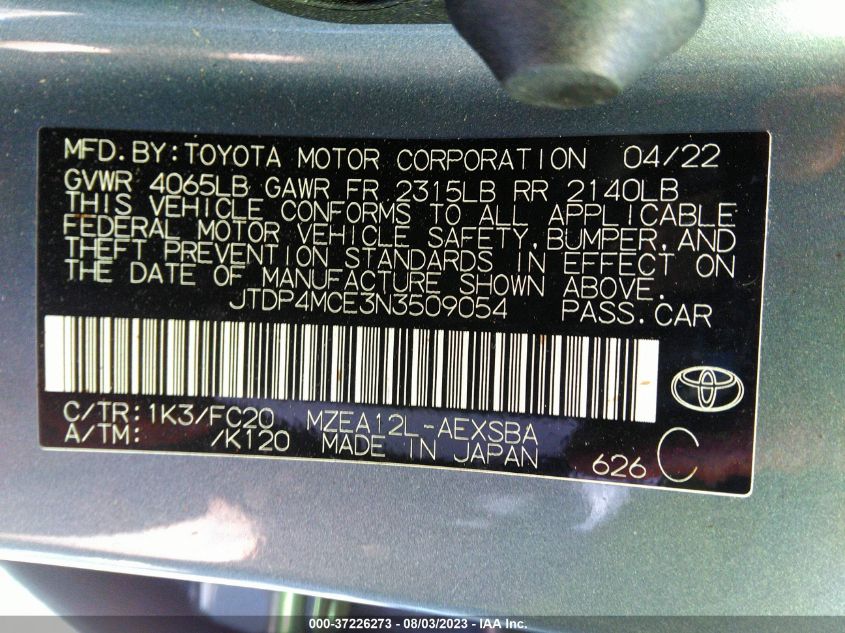 2022 TOYOTA COROLLA SE/SE NIGHTSHADE/APEX SE - JTDP4MCE3N3509054