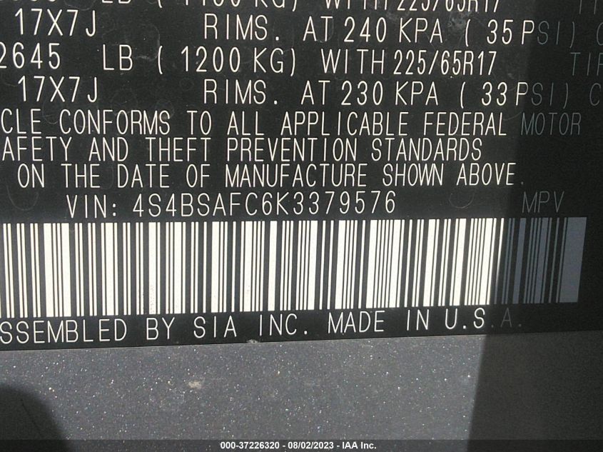 2019 SUBARU OUTBACK 2.5I PREMIUM - 4S4BSAFC6K3379576