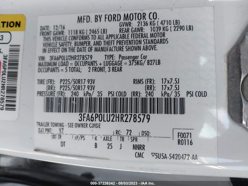 2017 FORD FUSION HYBRID SE - 3FA6P0LU2HR278579