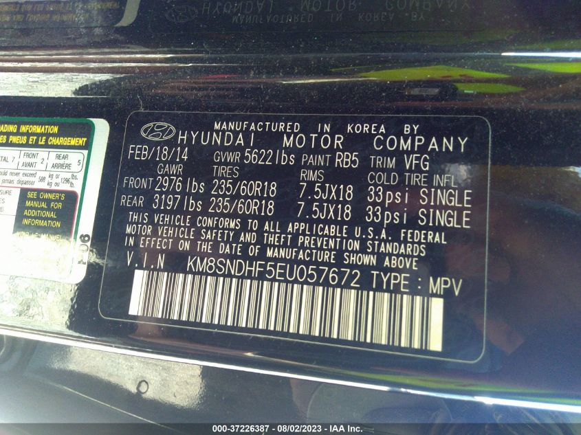 2014 HYUNDAI SANTA FE GLS - KM8SNDHF5EU057672