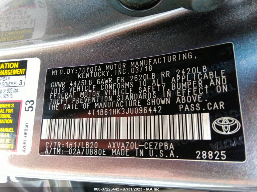 2018 TOYOTA CAMRY XSE - 4T1B61HK3JU096442